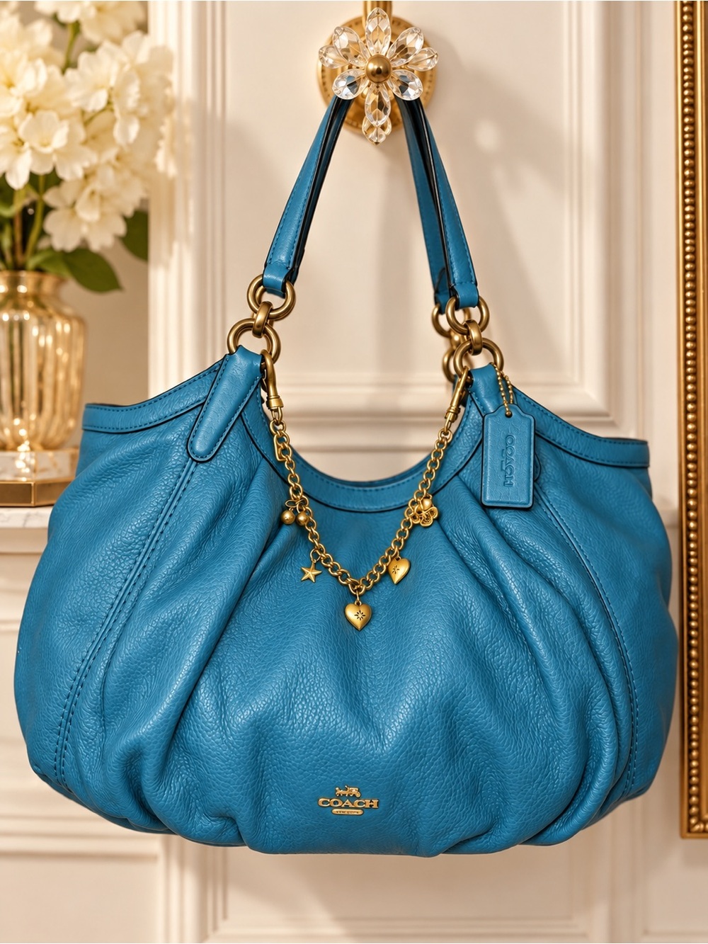 Coach Lily F12155 Teal Pebble Leather Bag + Authentic Coach Gold Charm Chain